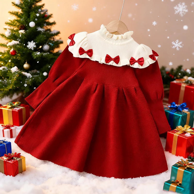 Christmas Kids Autumn Winter Cute Long Sleeve Bow Decoration Sweet Ruffled Princess Dress 1-6 Years Girls Party Fashion Clothes