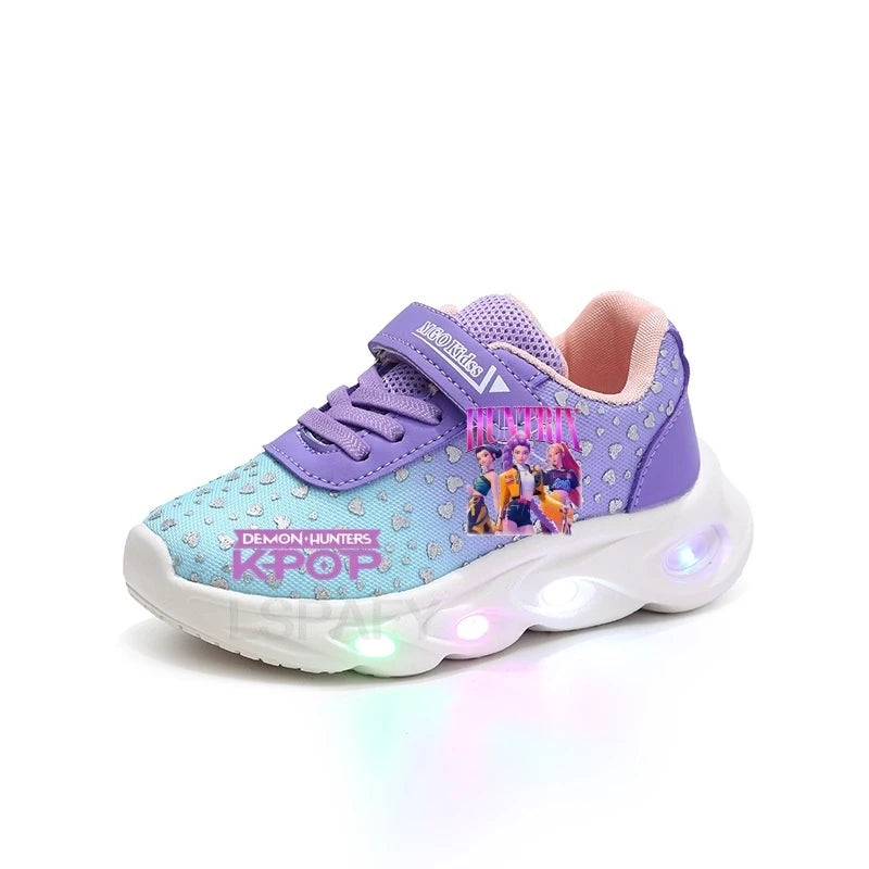 Kpop Demon Hunter Kids'Casual Shoes Girls Led Light Cartoon Fashion Sport Flat Bottom Shoes Breathable Purple Pink