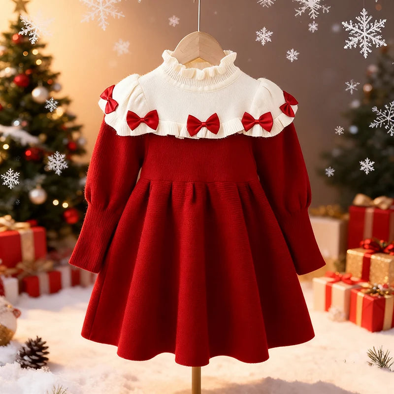 Christmas Kids Autumn Winter Cute Long Sleeve Bow Decoration Sweet Ruffled Princess Dress 1-6 Years Girls Party Fashion Clothes