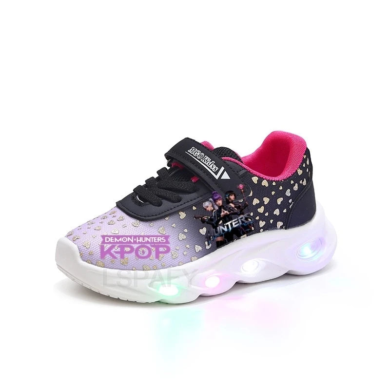 Kpop Demon Hunter Kids'Casual Shoes Girls Led Light Cartoon Fashion Sport Flat Bottom Shoes Breathable Purple Pink