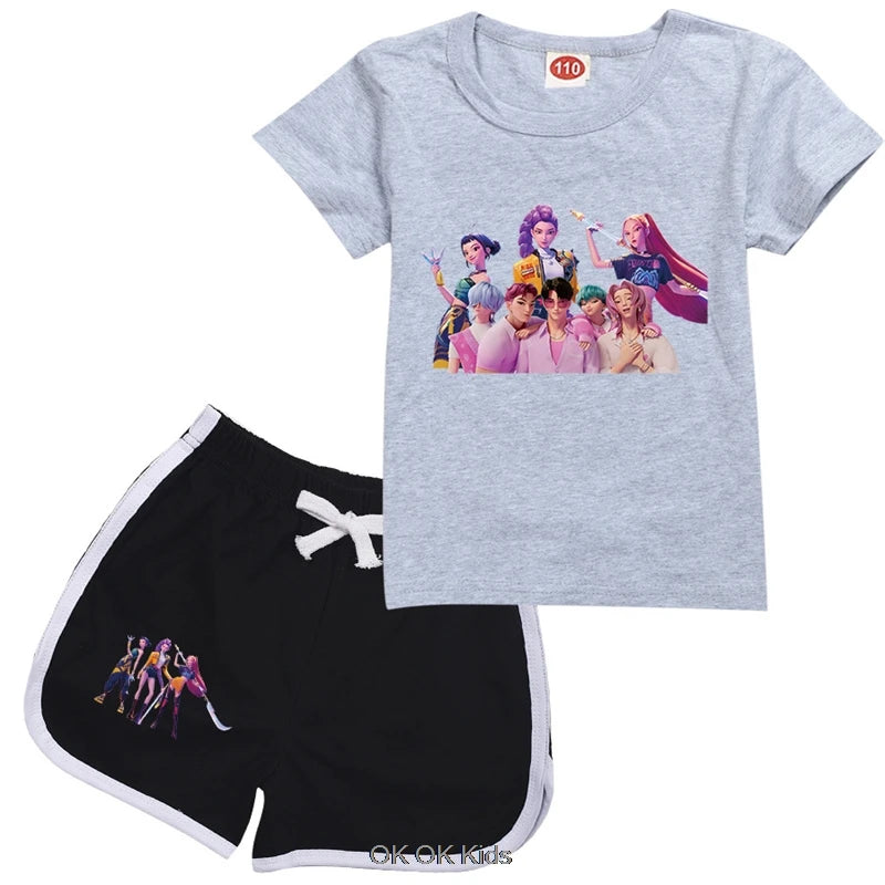 2 Pcs Suit KPop Demon Hunters Rumi Kids Teens Girls T Shirt Shorts 2pcs Sets Toddler Boys Summer Sportsuits Girl's Nightwear Set