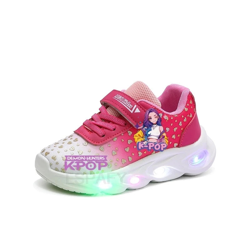 Kpop Demon Hunter Kids'Casual Shoes Girls Led Light Cartoon Fashion Sport Flat Bottom Shoes Breathable Purple Pink