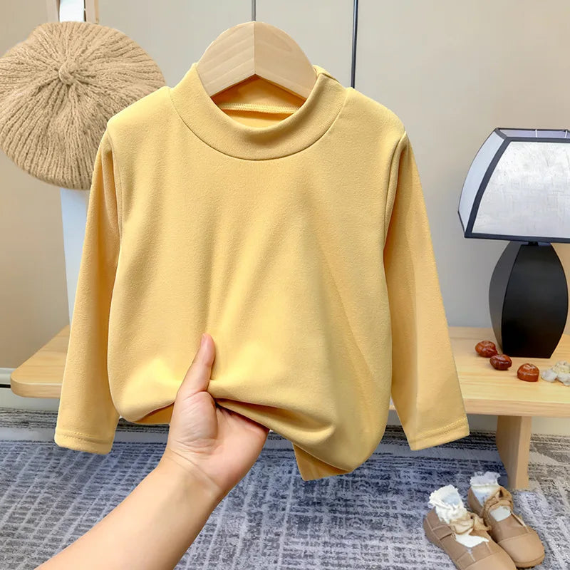 Winter Baby Warm Top Boys Girls Velvet Inner Solid Color Bottom Children's Half High Collar Long Sleeve T-shirt Kids Clothes