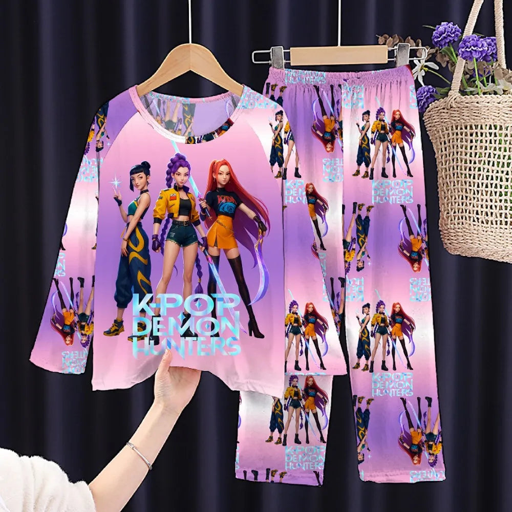 Kpop Girls Pyjamas Cartoon Pijamas Kids Clothes Spring Fashion Girls Long Sleeve T Shirt + Pants 2pcs Set Children Home Pajamas