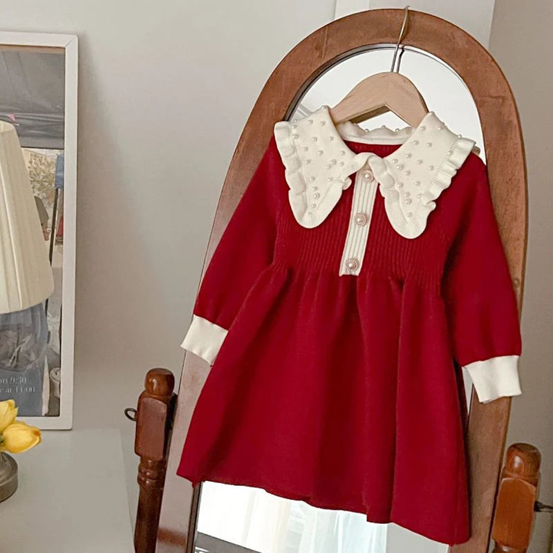 Christmas Kids Autumn Winter Cute Long Sleeve Bow Decoration Sweet Ruffled Princess Dress 1-6 Years Girls Party Fashion Clothes