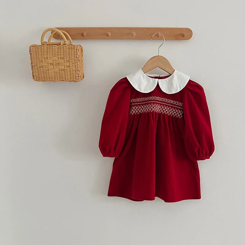 Christmas Kids Autumn Winter Cute Long Sleeve Bow Decoration Sweet Ruffled Princess Dress 1-6 Years Girls Party Fashion Clothes