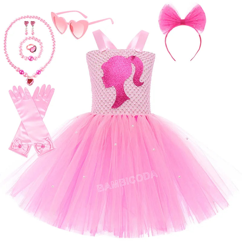 Pink Queen Frocks for Girls New Live-action Bar-b Movie Mesh Princess Dress Holiday Stage Birthday Party Performance Sets
