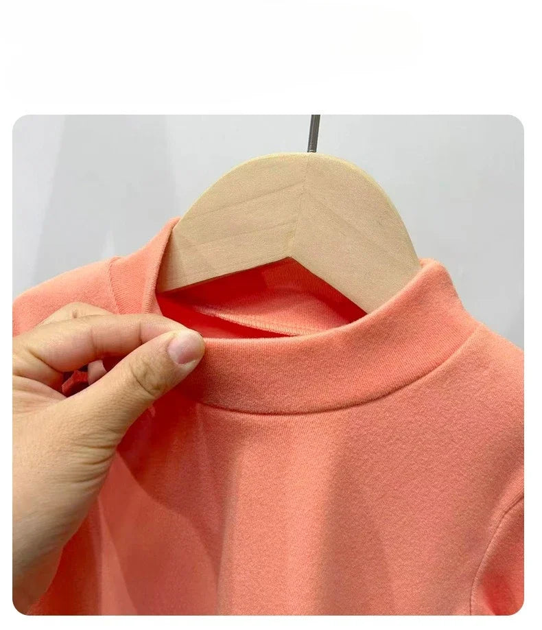 Winter Baby Warm Top Boys Girls Velvet Inner Solid Color Bottom Children's Half High Collar Long Sleeve T-shirt Kids Clothes