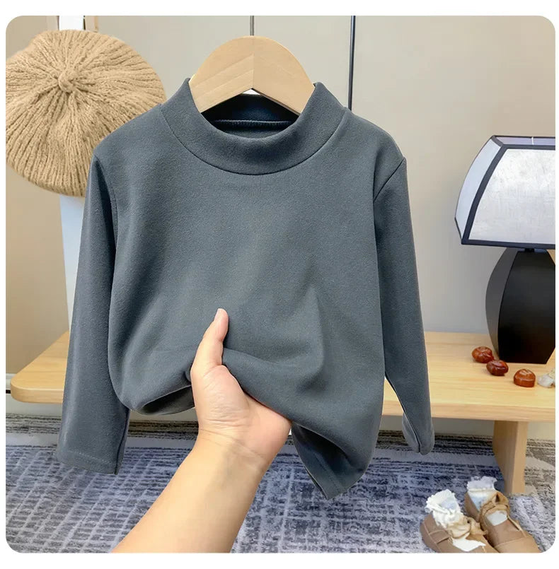 Winter Baby Warm Top Boys Girls Velvet Inner Solid Color Bottom Children's Half High Collar Long Sleeve T-shirt Kids Clothes