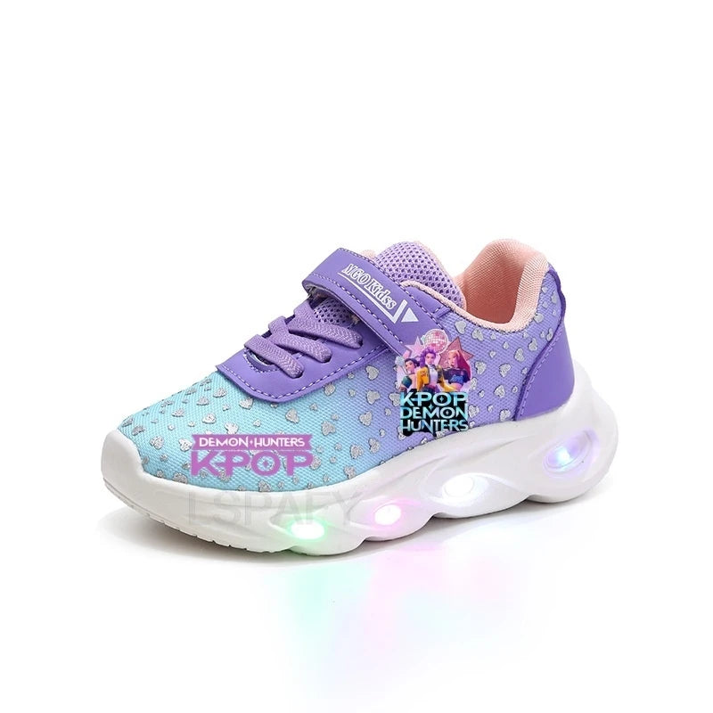 Kpop Demon Hunter Kids'Casual Shoes Girls Led Light Cartoon Fashion Sport Flat Bottom Shoes Breathable Purple Pink