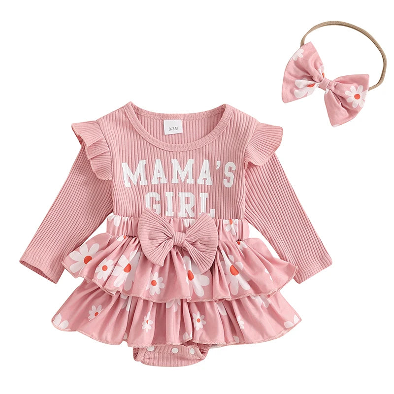 0-18months Baby Girl Outfit Long Sleeve Letters Flower Print Romper Dress Bowknot Headband Infant girls Clothes set