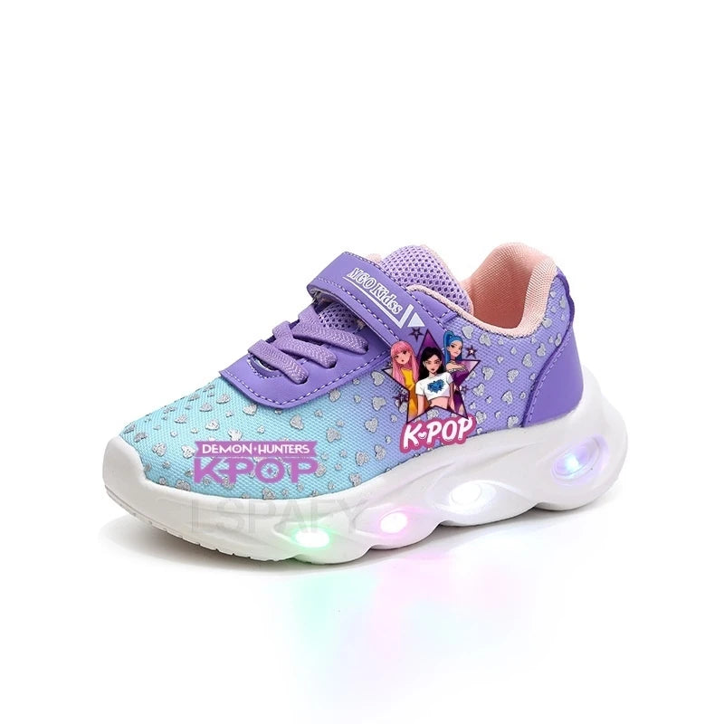 Kpop Demon Hunter Kids'Casual Shoes Girls Led Light Cartoon Fashion Sport Flat Bottom Shoes Breathable Purple Pink