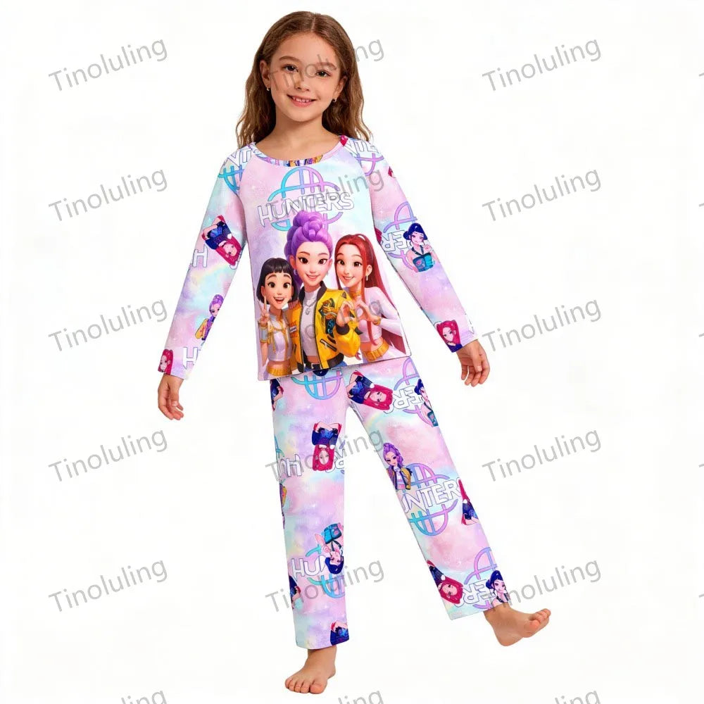 Kpop Girls Pyjamas Cartoon Pijamas Kids Clothes Spring Fashion Girls Long Sleeve T Shirt + Pants 2pcs Set Children Home Pajamas