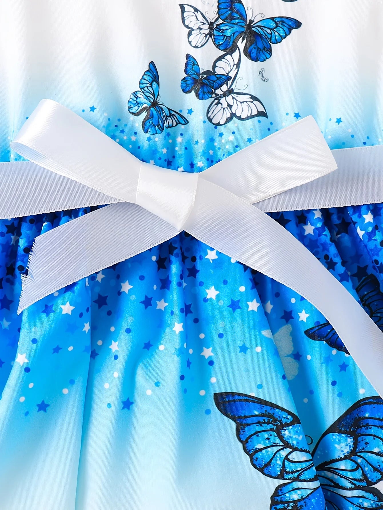 Girls White Base Blue Butterfly Ombre Ruffle Sleeve Dress Sweet Style Summer Outfit