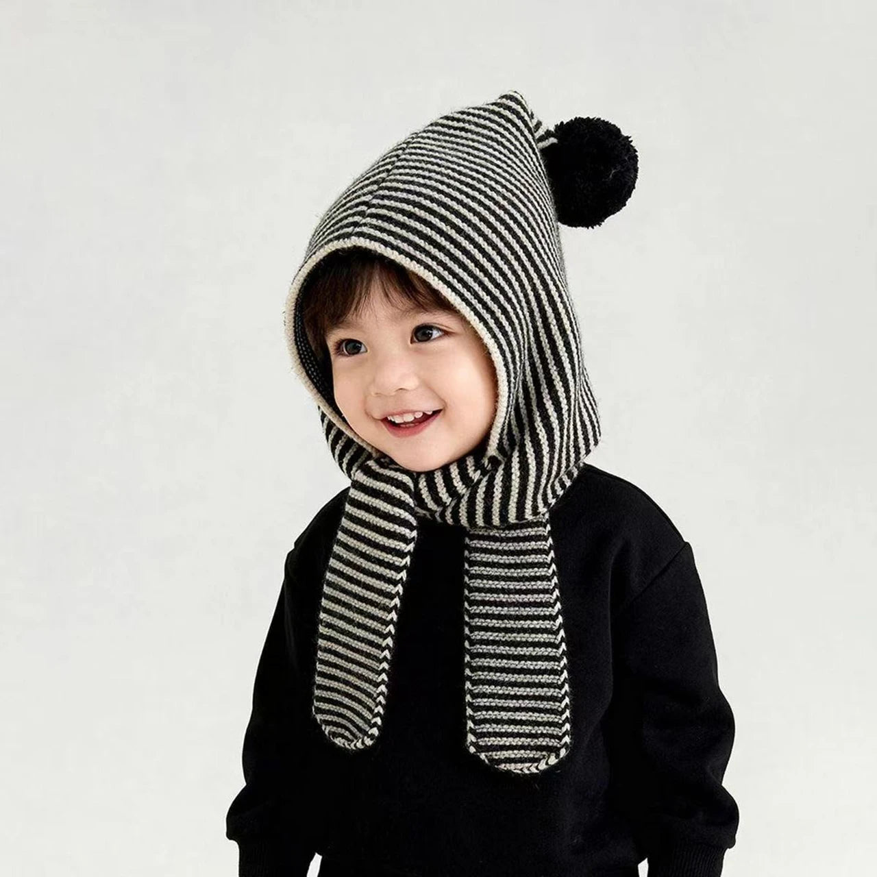 Korean Striped Baby Balaclava Hat Winter Knitted Hood Scarf Ear Protection Warm Bomber Cap Kids Boy Girl Beanies