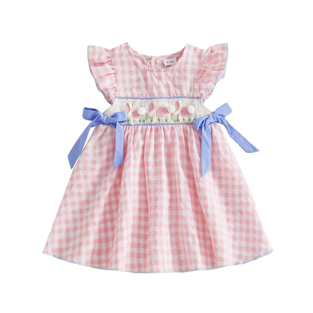 Toddler Baby Girl Easter Dress Flying Sleeve Crew Neck Rabbit Embroidery Plaid Print Bow Decor A Line Dress
