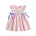 Toddler Baby Girl Easter Dress Flying Sleeve Crew Neck Rabbit Embroidery Plaid Print Bow Decor A Line Dress