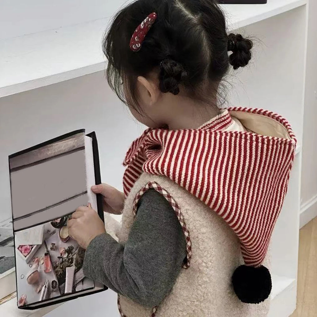 Korean Striped Baby Balaclava Hat Winter Knitted Hood Scarf Ear Protection Warm Bomber Cap Kids Boy Girl Beanies