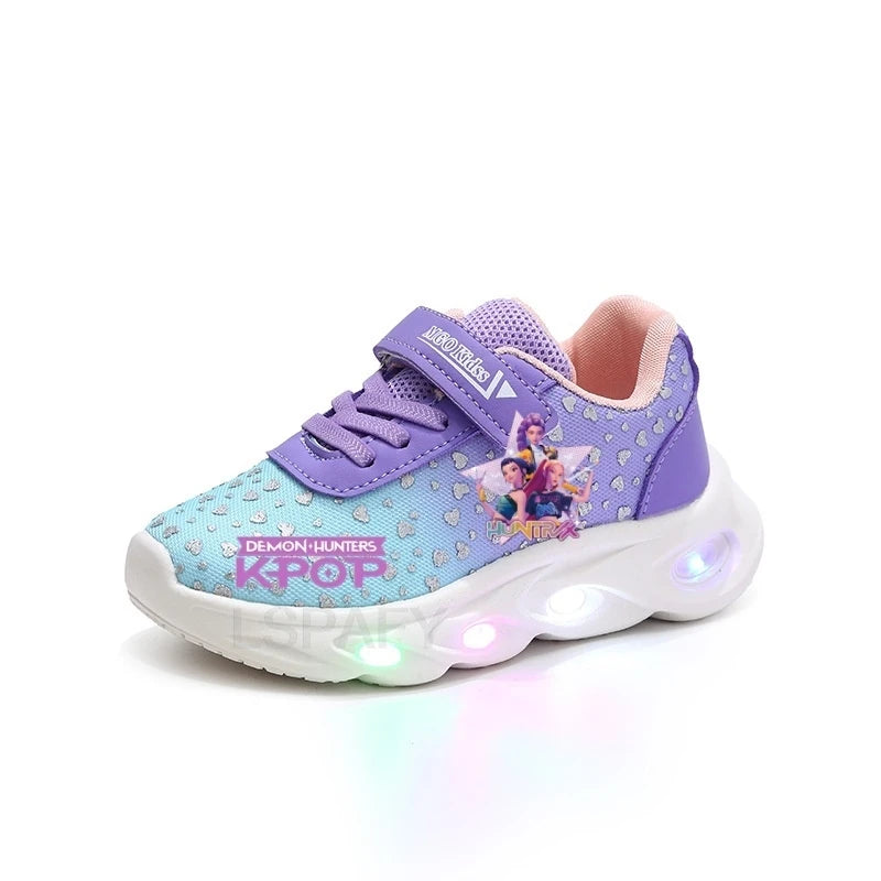 Kpop Demon Hunter Kids'Casual Shoes Girls Led Light Cartoon Fashion Sport Flat Bottom Shoes Breathable Purple Pink