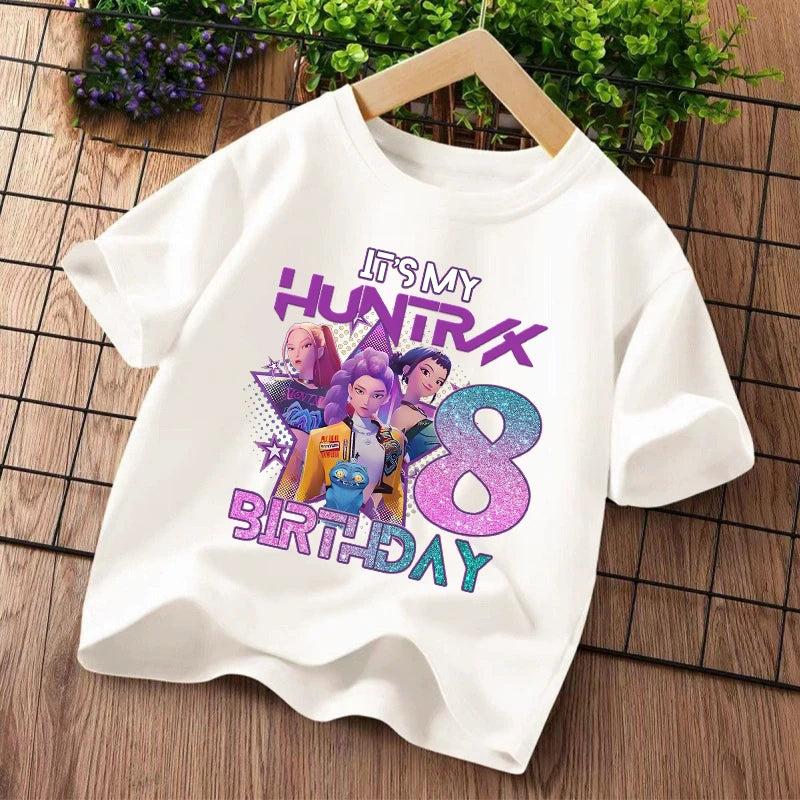 K Pop Demon Hunters Kids T-shirt Kawaii Cartoon Birthday Number1-9  Printed Tops Girls Tee Summer Short Sleeve Children Clothing