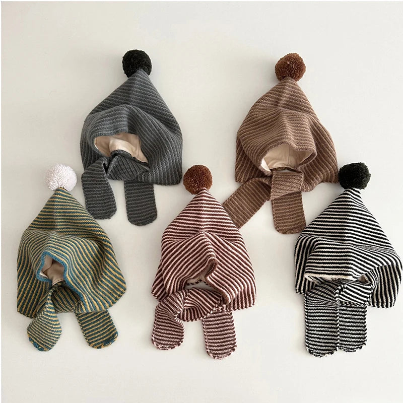 Korean Striped Baby Balaclava Hat Winter Knitted Hood Scarf Ear Protection Warm Bomber Cap Kids Boy Girl Beanies