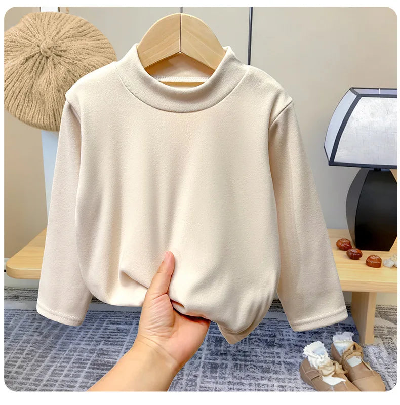 Winter Baby Warm Top Boys Girls Velvet Inner Solid Color Bottom Children's Half High Collar Long Sleeve T-shirt Kids Clothes