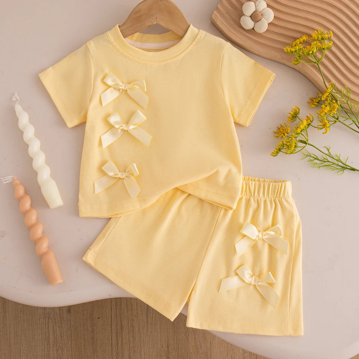 Baby Girl Set Summer Solid-Color Bow Short-Sleeve Top and Shorts Baby Girl Clothes Cute Beach Baby Outfit Set