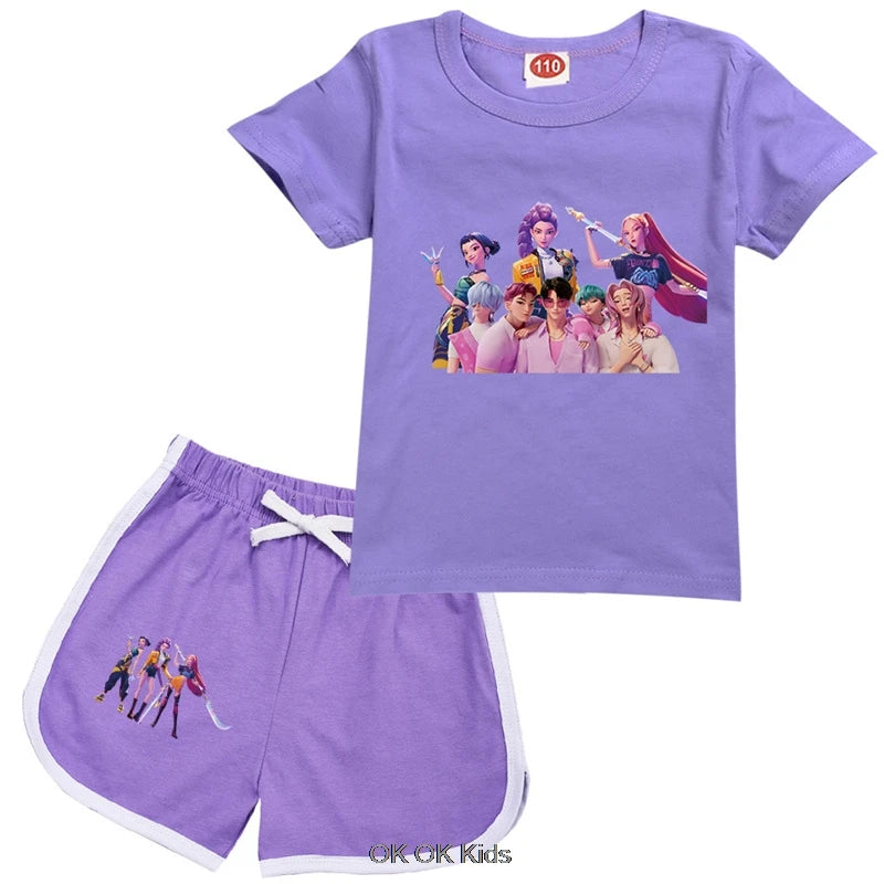 2 Pcs Suit KPop Demon Hunters Rumi Kids Teens Girls T Shirt Shorts 2pcs Sets Toddler Boys Summer Sportsuits Girl's Nightwear Set
