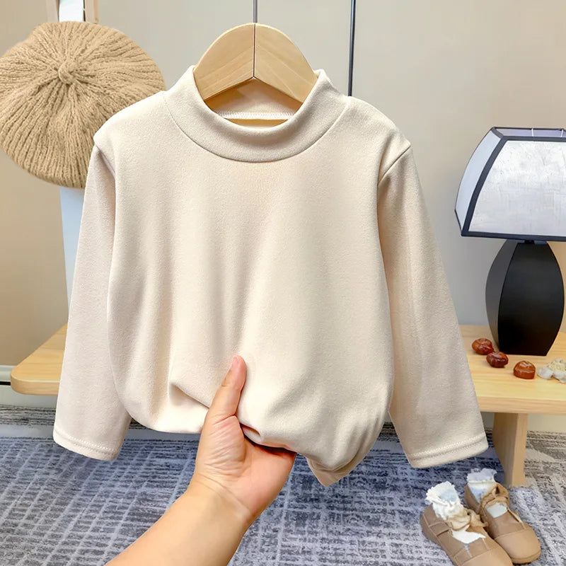 Winter Baby Warm Top Boys Girls Velvet Inner Solid Color Bottom Children's Half High Collar Long Sleeve T-shirt Kids Clothes