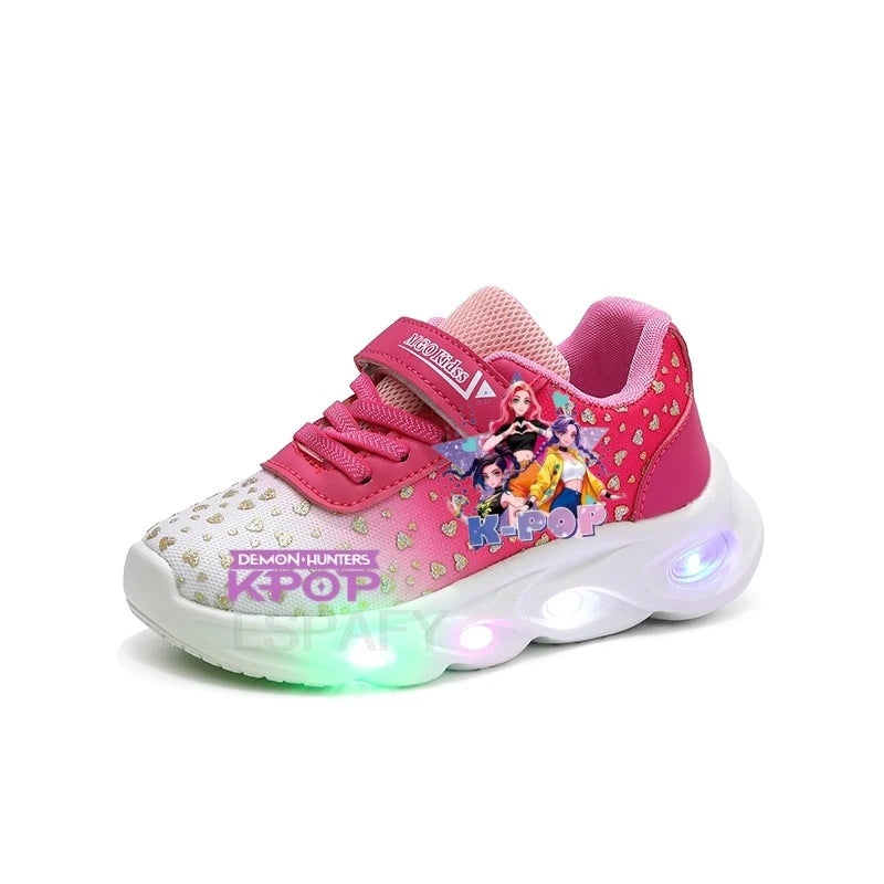 Kpop Demon Hunter Kids'Casual Shoes Girls Led Light Cartoon Fashion Sport Flat Bottom Shoes Breathable Purple Pink