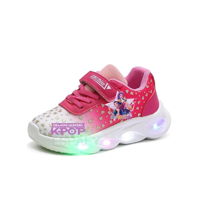 Kpop Demon Hunter Kids'Casual Shoes Girls Led Light Cartoon Fashion Sport Flat Bottom Shoes Breathable Purple Pink