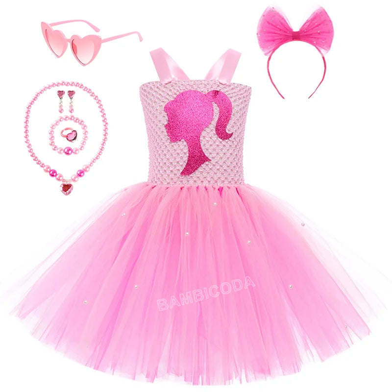 Pink Queen Frocks for Girls New Live-action Bar-b Movie Mesh Princess Dress Holiday Stage Birthday Party Performance Sets