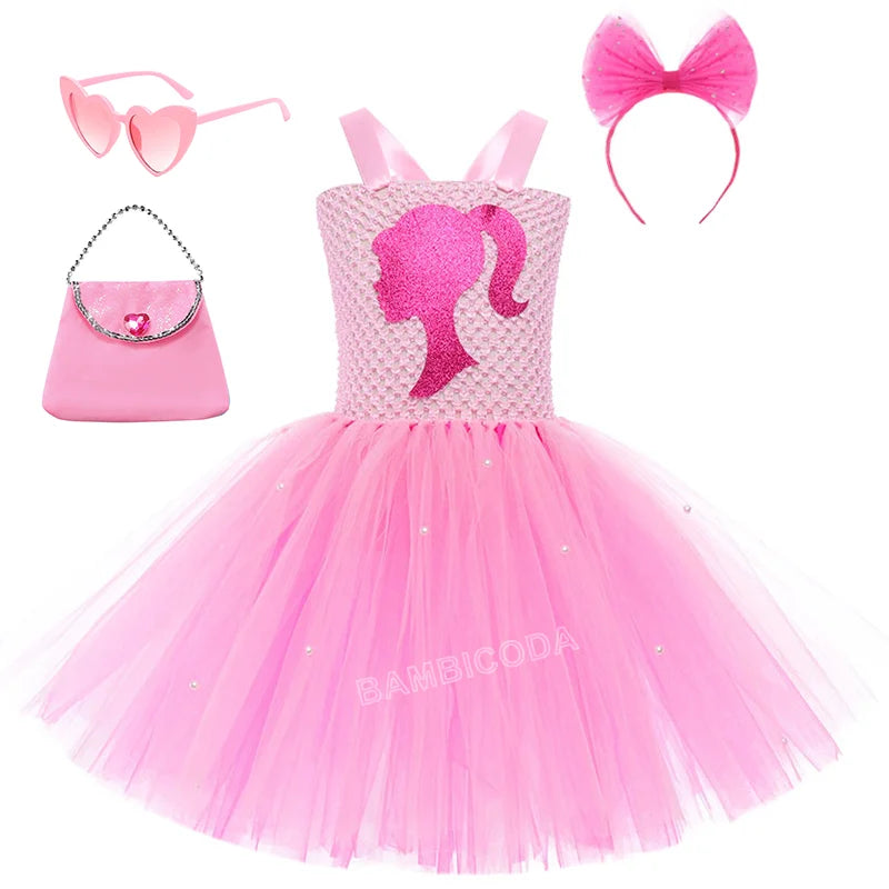 Pink Queen Frocks for Girls New Live-action Bar-b Movie Mesh Princess Dress Holiday Stage Birthday Party Performance Sets