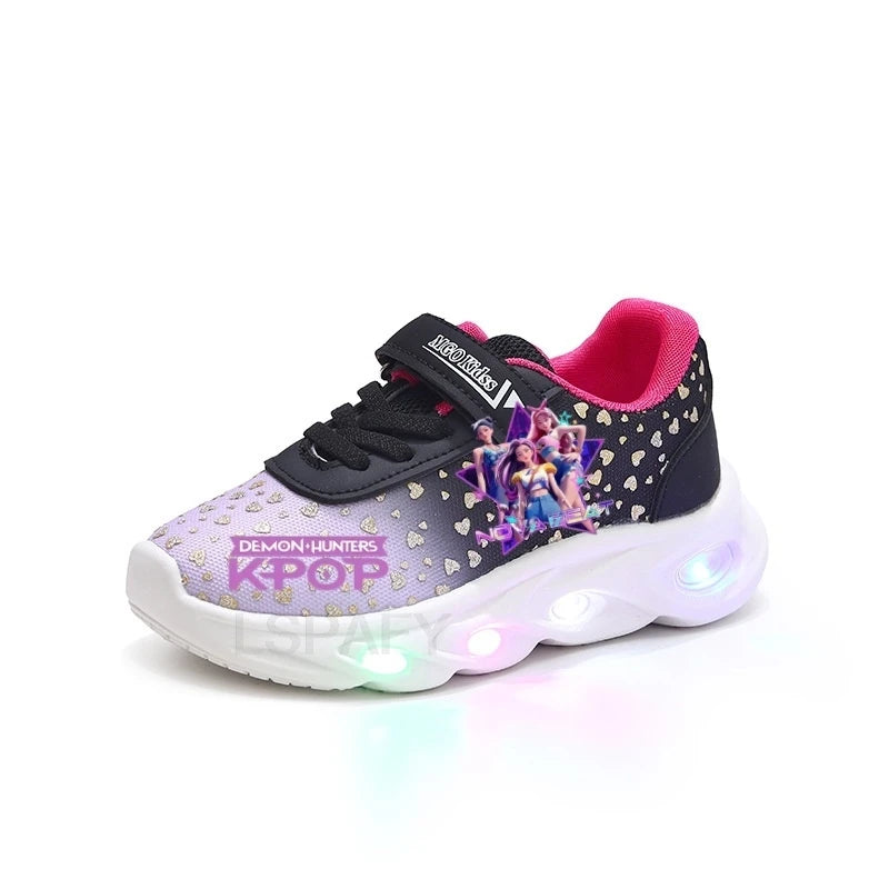 Kpop Demon Hunter Kids'Casual Shoes Girls Led Light Cartoon Fashion Sport Flat Bottom Shoes Breathable Purple Pink