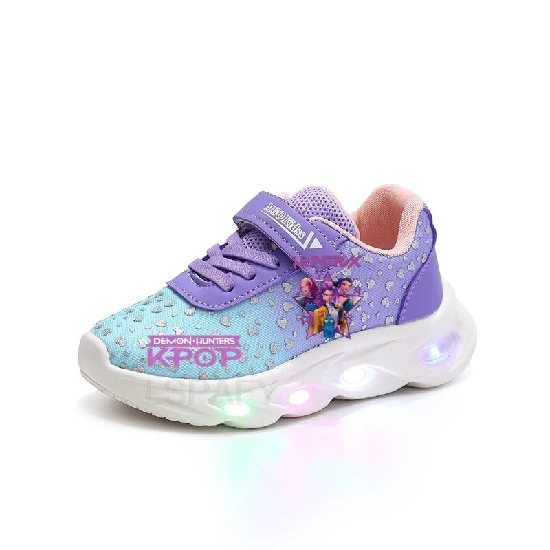 Kpop Demon Hunter Kids'Casual Shoes Girls Led Light Cartoon Fashion Sport Flat Bottom Shoes Breathable Purple Pink