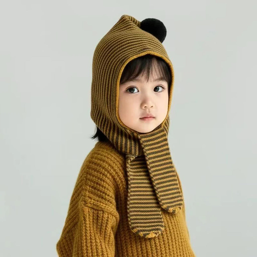 Korean Striped Baby Balaclava Hat Winter Knitted Hood Scarf Ear Protection Warm Bomber Cap Kids Boy Girl Beanies