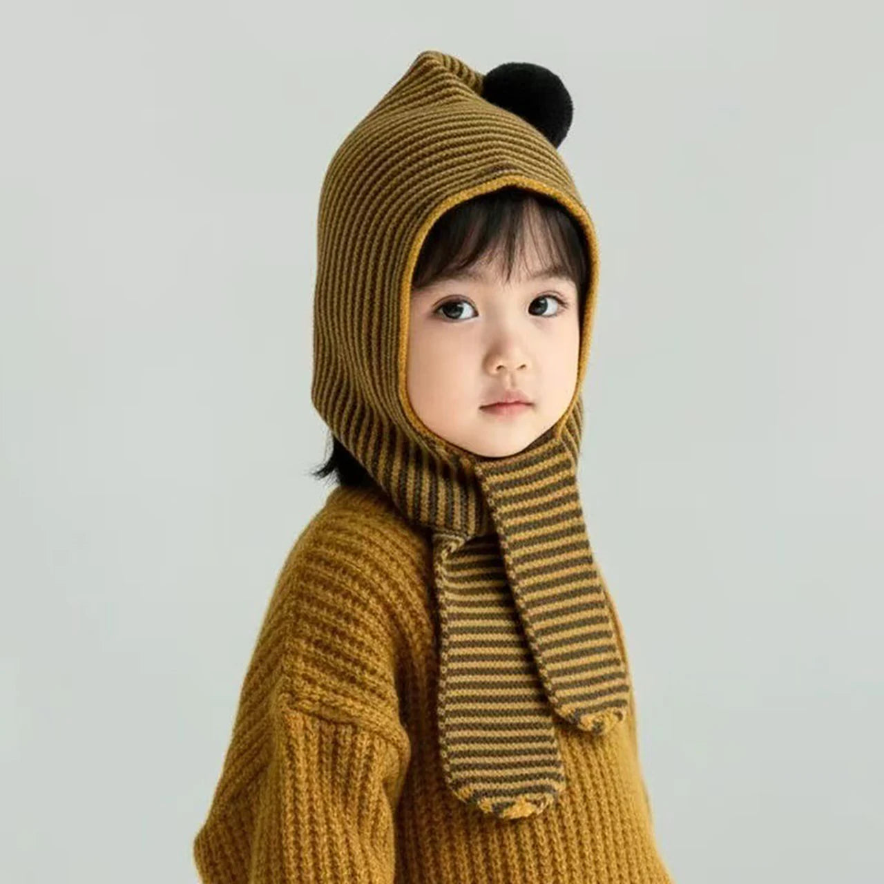 Korean Striped Baby Balaclava Hat Winter Knitted Hood Scarf Ear Protection Warm Bomber Cap Kids Boy Girl Beanies