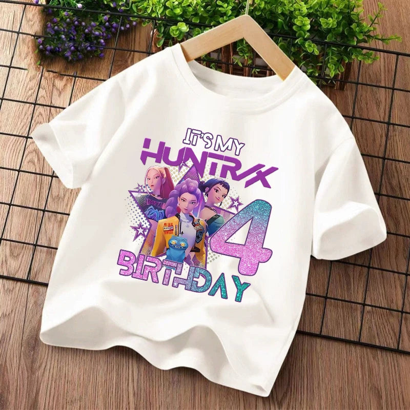 K Pop Demon Hunters Kids T-shirt Kawaii Cartoon Birthday Number1-9  Printed Tops Girls Tee Summer Short Sleeve Children Clothing