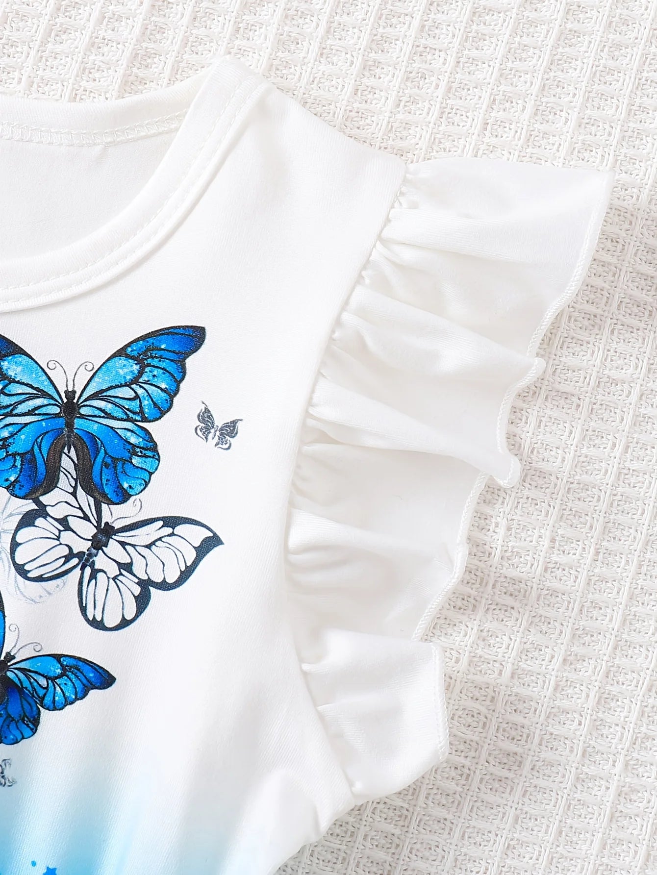 Girls White Base Blue Butterfly Ombre Ruffle Sleeve Dress Sweet Style Summer Outfit