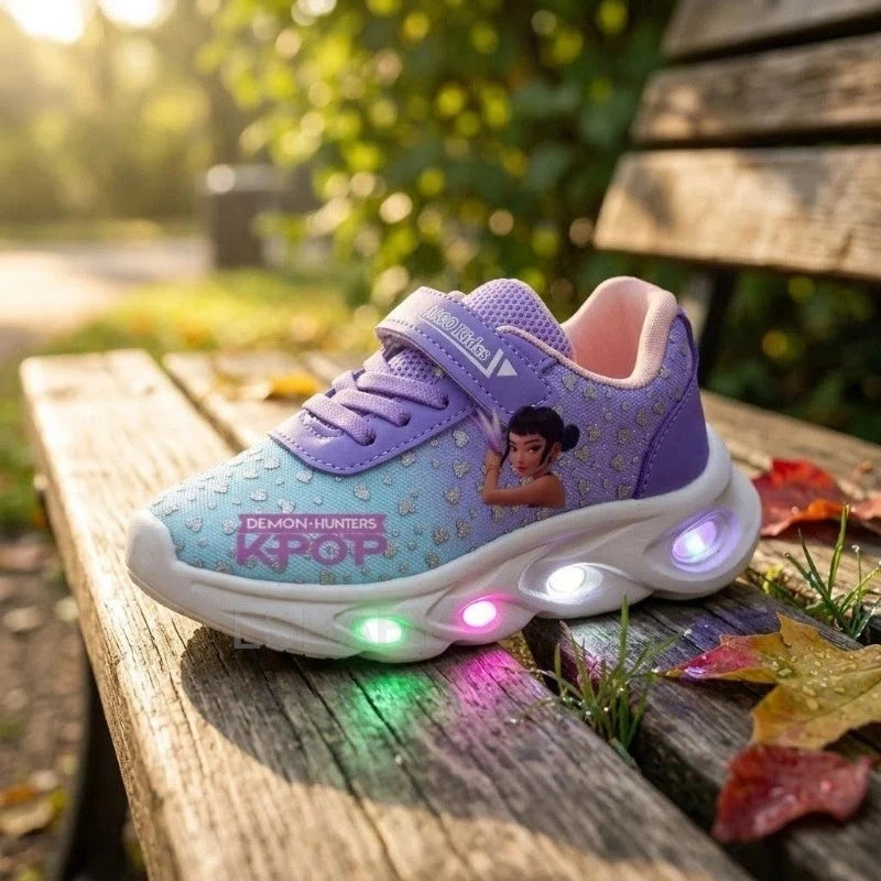 Kpop Demon Hunter Kids'Casual Shoes Girls Led Light Cartoon Fashion Sport Flat Bottom Shoes Breathable Purple Pink
