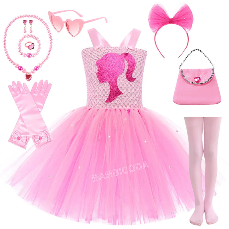 Pink Queen Frocks for Girls New Live-action Bar-b Movie Mesh Princess Dress Holiday Stage Birthday Party Performance Sets