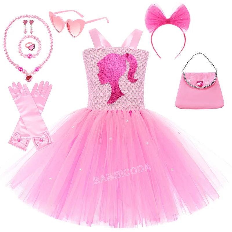 Pink Queen Frocks for Girls New Live-action Bar-b Movie Mesh Princess Dress Holiday Stage Birthday Party Performance Sets