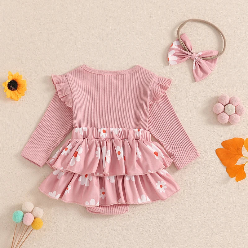 0-18months Baby Girl Outfit Long Sleeve Letters Flower Print Romper Dress Bowknot Headband Infant girls Clothes set
