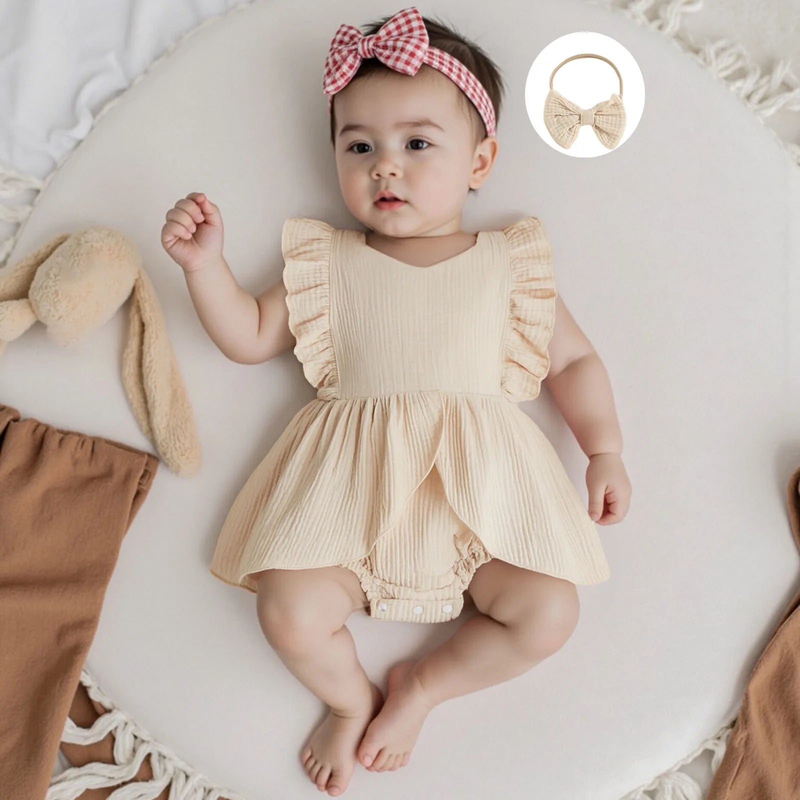 FOCUSNORM 0-18M Lovely Baby Girls Romper Dress Square Neck Flying Sleeve Solid Color Jumpsuits with Bow Headband Set