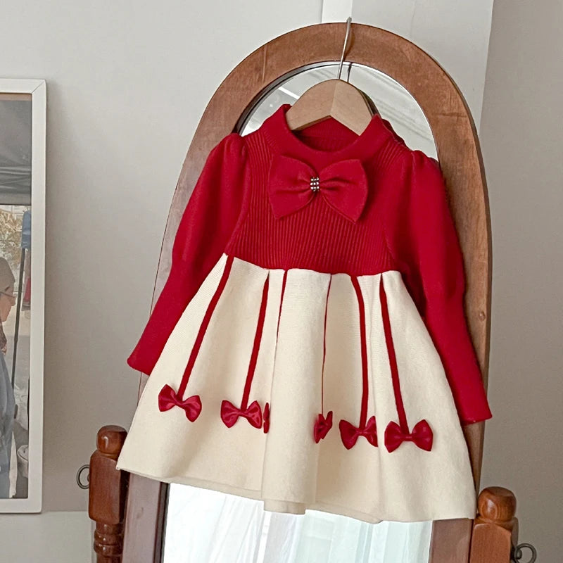 Christmas Kids Autumn Winter Cute Long Sleeve Bow Decoration Sweet Ruffled Princess Dress 1-6 Years Girls Party Fashion Clothes