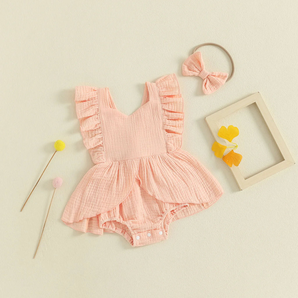 FOCUSNORM 0-18M Lovely Baby Girls Romper Dress Square Neck Flying Sleeve Solid Color Jumpsuits with Bow Headband Set
