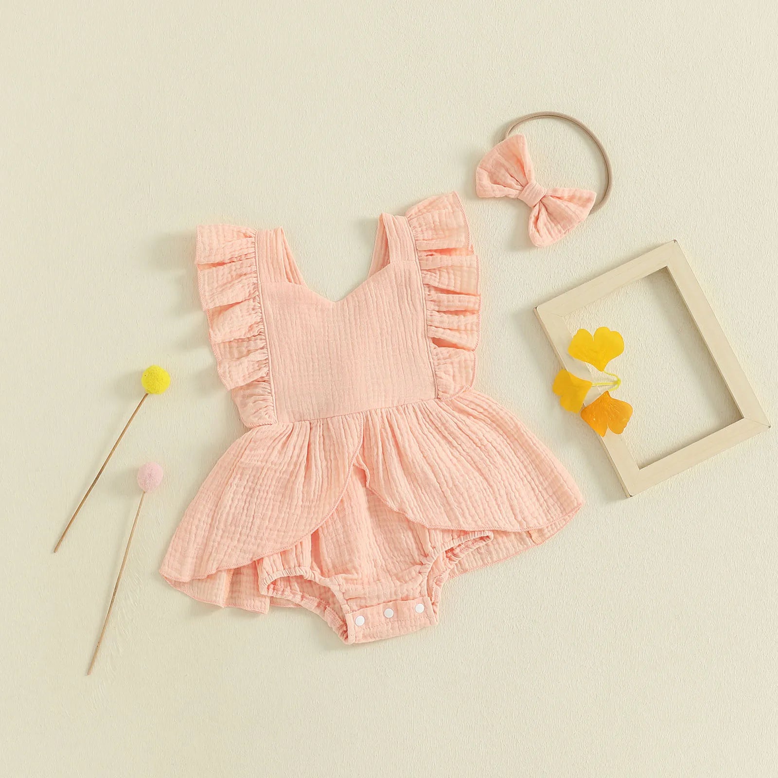 FOCUSNORM 0-18M Lovely Baby Girls Romper Dress Square Neck Flying Sleeve Solid Color Jumpsuits with Bow Headband Set