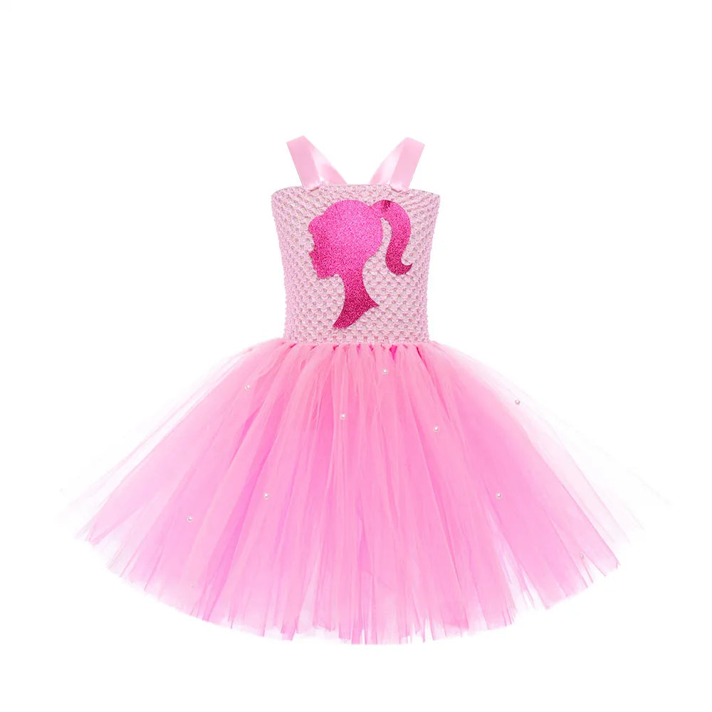 Pink Queen Frocks for Girls New Live-action Bar-b Movie Mesh Princess Dress Holiday Stage Birthday Party Performance Sets