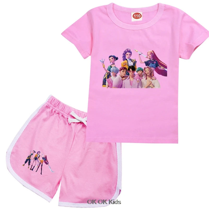 2 Pcs Suit KPop Demon Hunters Rumi Kids Teens Girls T Shirt Shorts 2pcs Sets Toddler Boys Summer Sportsuits Girl's Nightwear Set
