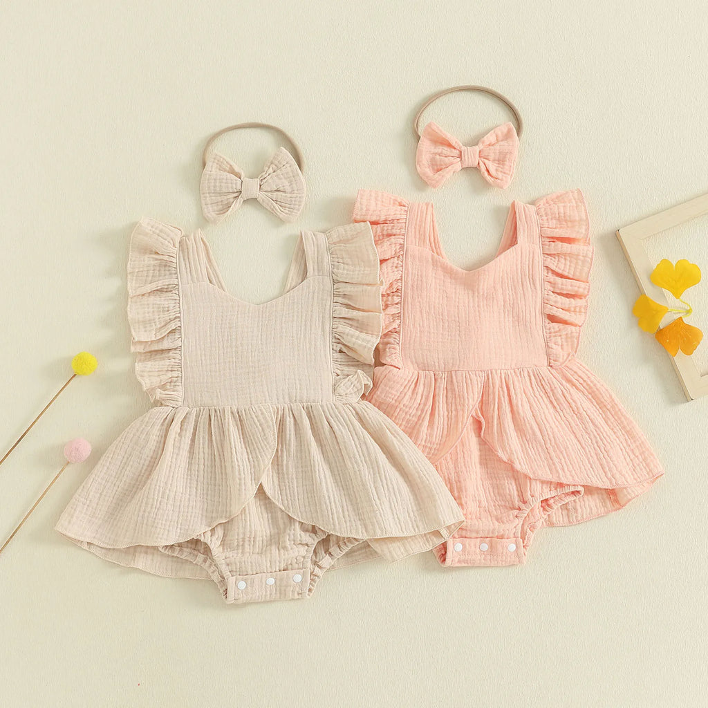FOCUSNORM 0-18M Lovely Baby Girls Romper Dress Square Neck Flying Sleeve Solid Color Jumpsuits with Bow Headband Set